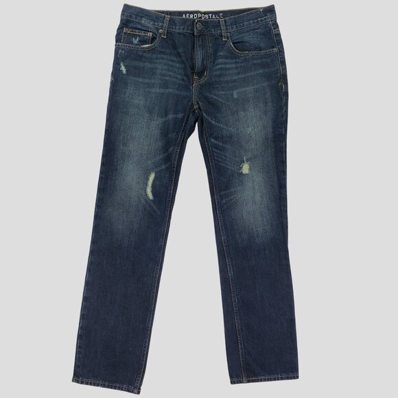 Aeropostale Mens Distressed Straight Leg Dark Wash Denim Jeans Size 34W X 32L - Picture 1 of 8